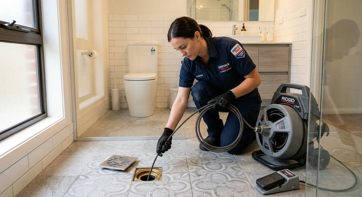 Technician clearing a bathroom floor drain for Drain Cleaning in El Paso de Robles (Paso Robles)